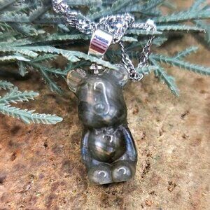 Nature Labradorite Carved Flashy Standing Bear Pendant Necklace